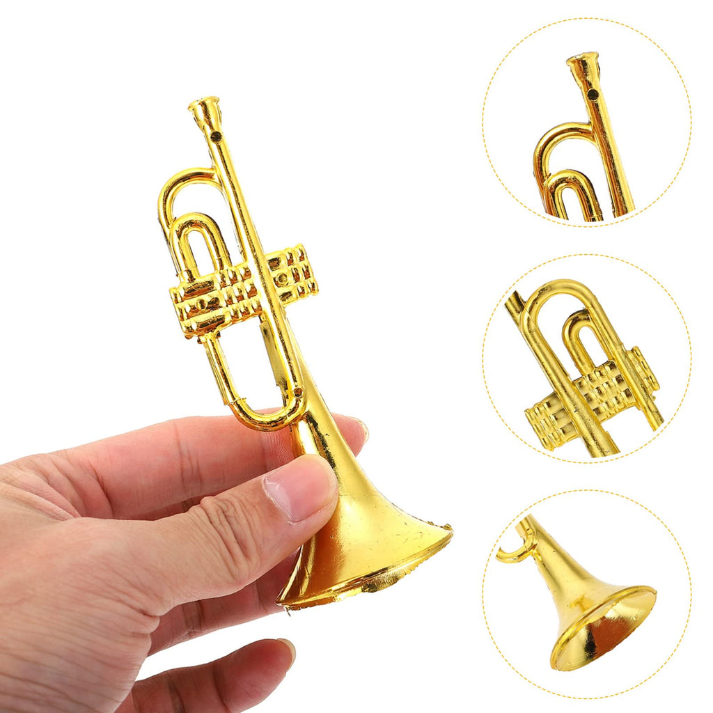 12pcs Golden Trumpet Musical Instruments Mini Plastic Trumpet Models for Christmas Tree Wreath Home Party DIY Hanging Decorations