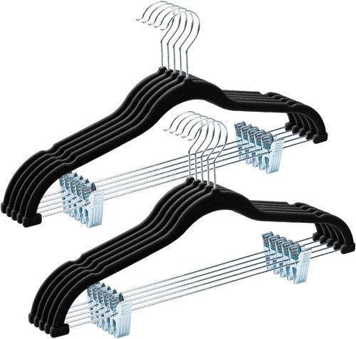 HOUSE DAY Velvet Hangers - Adjustable Clips & 360° Hook | Heavy Duty Non-Slip Suit Organizer (Black, 10 Pack)