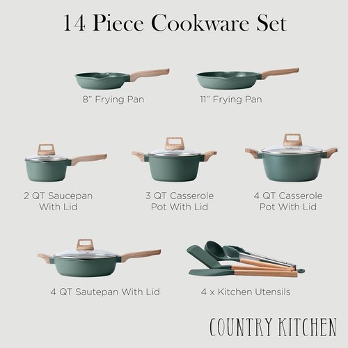 Country Kitchen Nonstick Pots and Pans Set - 14-Piece Cast Aluminum Cookware Set in Sage with Utensils