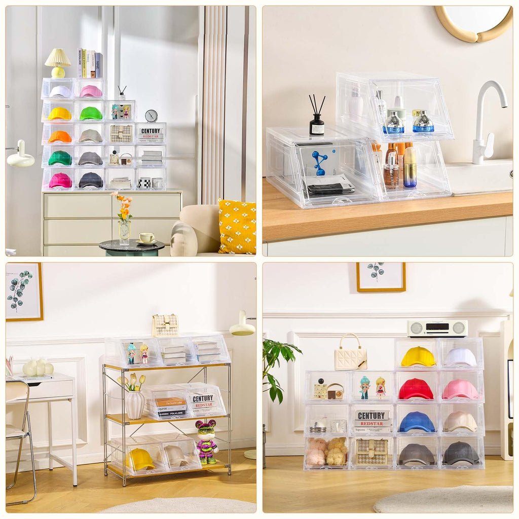 2 Pack Hat Organizer for Baseball Caps,Large Clear Cap Organizer with Drawer,Hats Holder Box for Closet with Sliding Tray,Stackable Hat Rack Display Case,Multi-use Hat Case for Caps,Each Holds 12 Hats