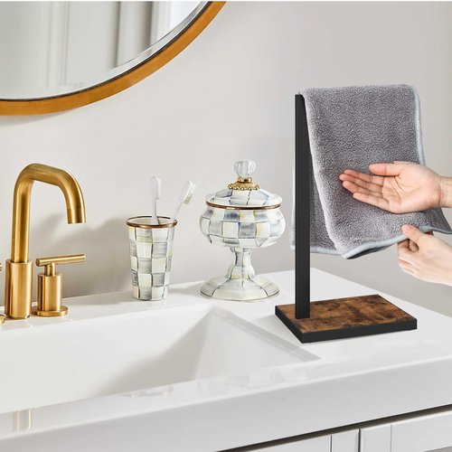 BCOZLUX Hand Towel Holder for Bathroom, Hand Towel Stand with Wood Base, L-Shape Hand Towel Rack Height 13.85'' for Vanity Countertop, Kitchen Counter, (Rustic Brown-Square Base-L Shape)