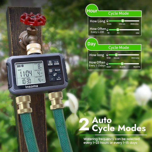 Insoma Water Timer - Brass Inlet & Outlet | 2-Zone Outdoor Hose Timer with Auto/Manual/Rain Delay for Garden