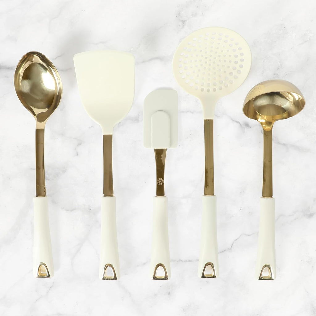 Martha Stewart Lockton 5-Piece Kitchen Tool Set - Durable Stainless Steel & Nylon Utensils with Linen Handles and Gold Accents