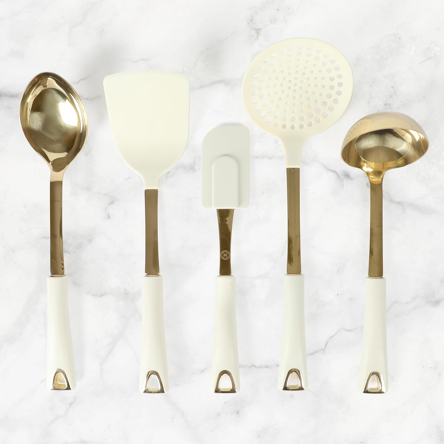 Martha Stewart Lockton 5-Piece Kitchen Tool Set - Durable Stainless Steel & Nylon Utensils with Linen Handles and Gold Accents