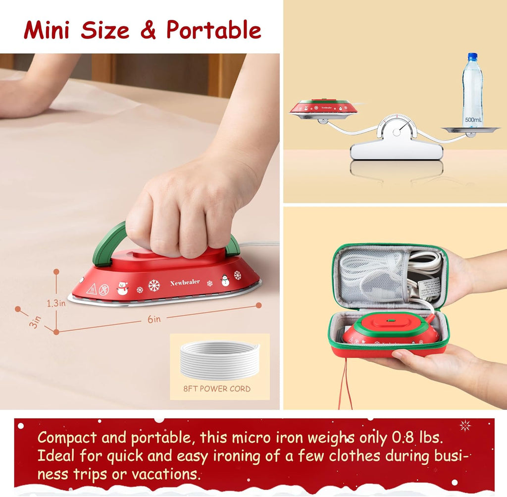 Newbealer Travel Iron - Mini Dry Iron for Clothes | Global Voltage 100-240V, 302℉, 300W, Lightweight Classic Red