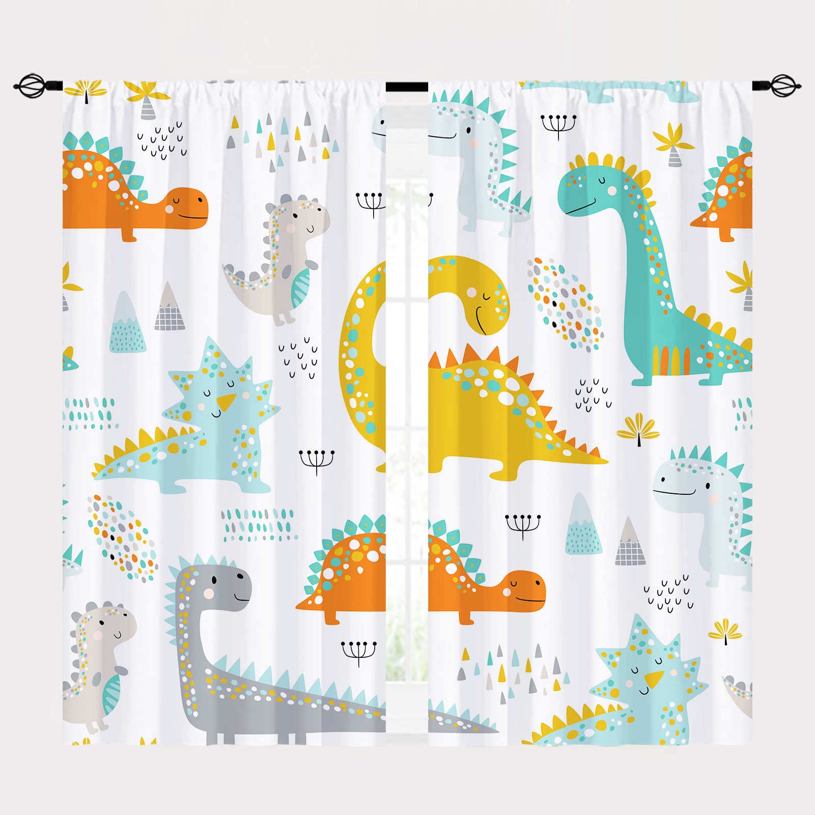 YUANZU Dinosaur Curtains Rod Pocket Kids Boys Girls Simple Childish Cute Dino Animals Print Pattern Window Drapes for Nursery Baby Bedroom Playroom W42 x L63 Inch 2 Panels