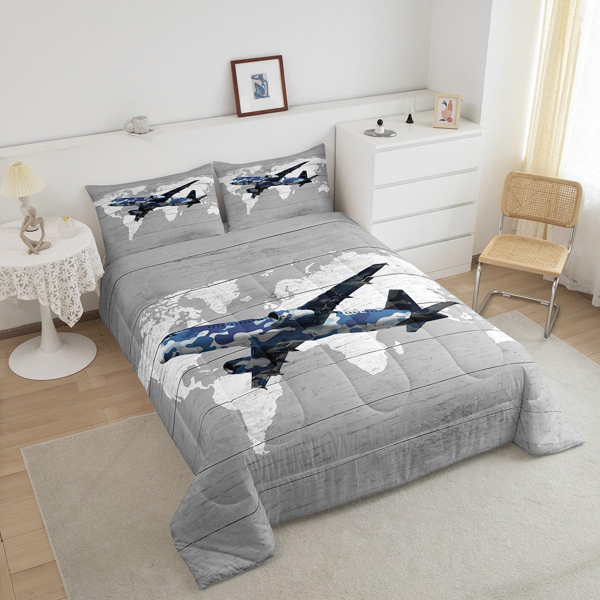 Erosebridal Kids Adult Airplane Comforter Set Full Size,Navy Blue Camo Plane Bedding Set for Toddler Boys Girls,Aviation Decor for Home Aircraft Comforter Set Breathable Map Quilt Bed Set 3Pcs