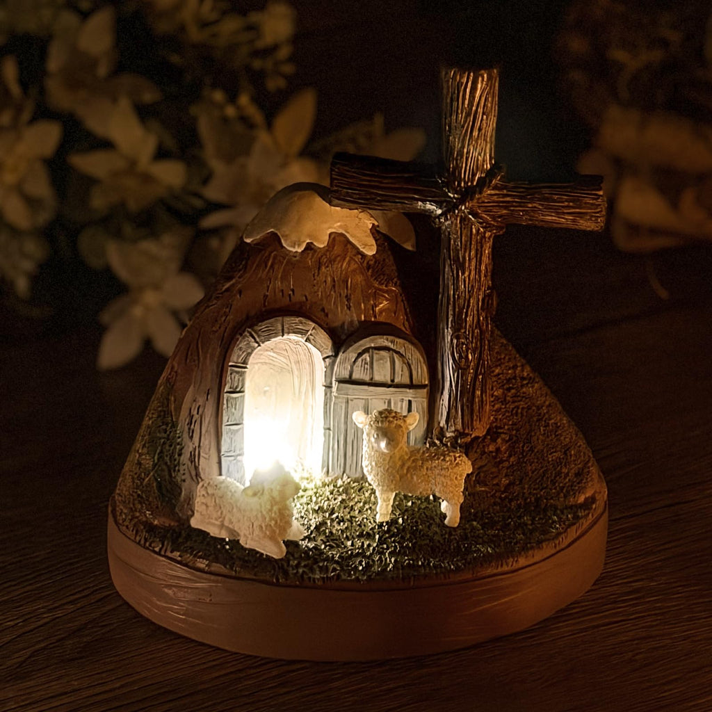 Giunn Tomb Easter Scene and Christian Cross Decoration, He is Risen Tomb Sculpture, Jesus Easter Decor, Jesus Nativity Scene Decoration for Religious Decorations, Home Office Tabletop, Shelf Decor