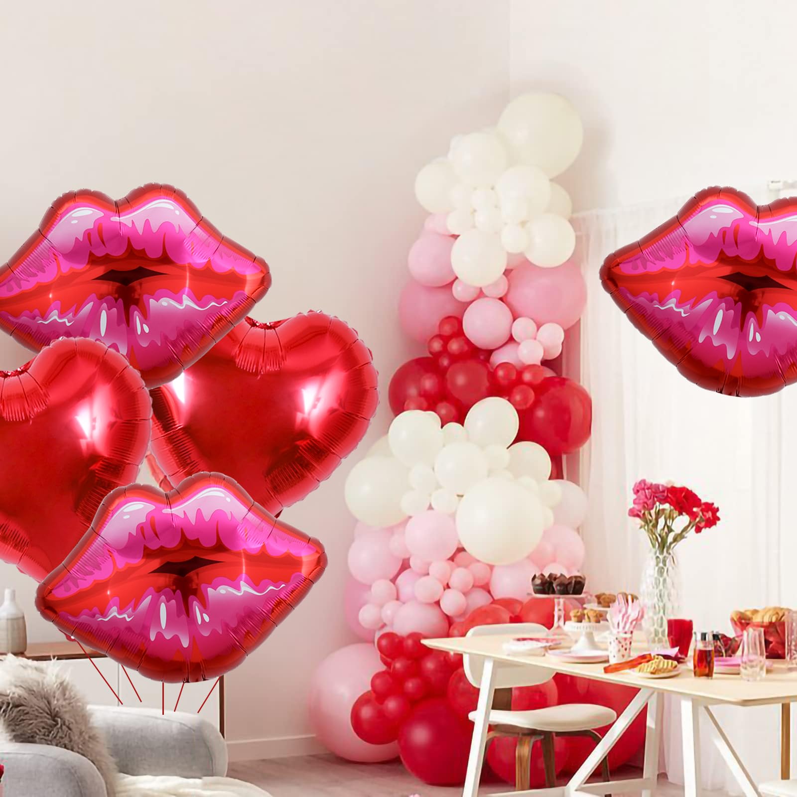 5 Packs of Large Pink Huge Red Lips Balloons Heart Ballons for Makeup Themed Party Anniversary Decor, Kiss The Miss Goodbye(30 Inch)