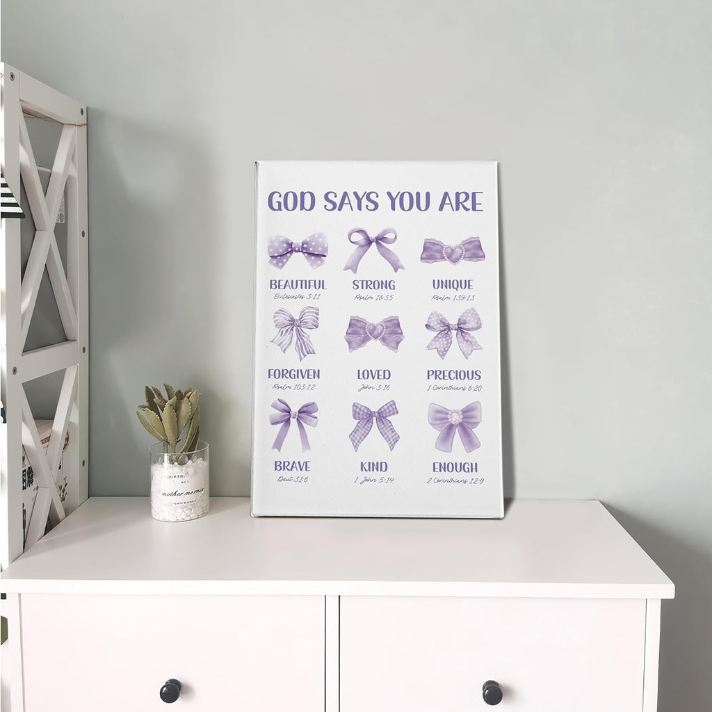 PHAMTE Christian Purple Bow Wall Art - Inspirational Bible Verse Canvas 16x24 for Girly Room Decor