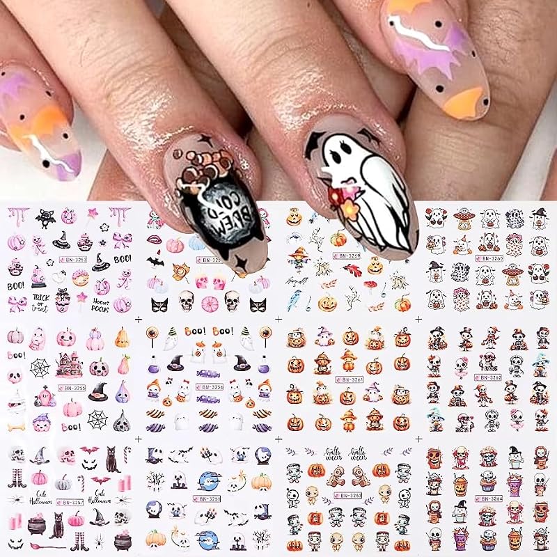 JUNCHAO Halloween Nail Art Stickers Pink Pumpkins Cute Ghost Water Decals 12PCS