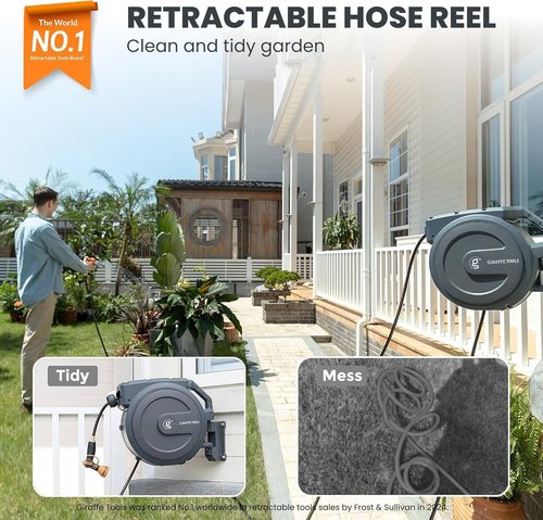 Giraffe Tools Retractable Garden Hose Reel - 90 Ft Wall-Mounted with 180° Swivel Bracket & 9 Pattern Nozzle