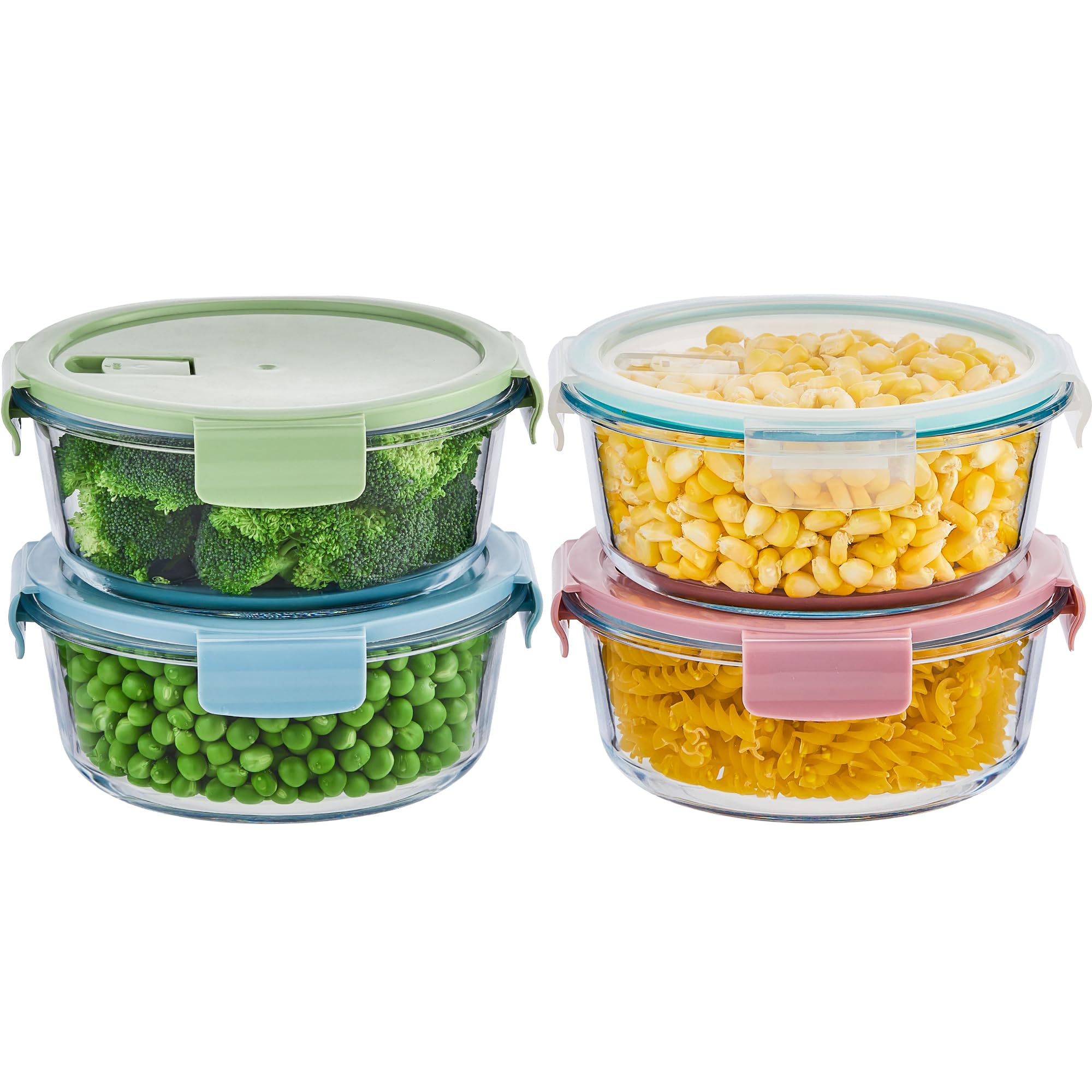 Wancilock 8 Pcs Round Glass Containers with Lids Airtight 4 Cup Glass Storage Containers Set Meal Prep Containers for Soup Leftover Microwave, Dishwasher, and Freezer Safe(4 Sets