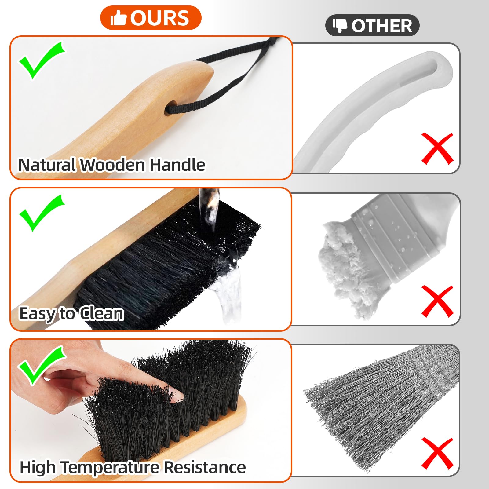 Permade Fireplace Ash Shovel and Brush Set, Coal Shovel and Hearth Brush Set, Fireplace Tools Set Indoor Outdoor Rust Resistant Made of Natural Wood & Coco Bristles for Easy Cleaning