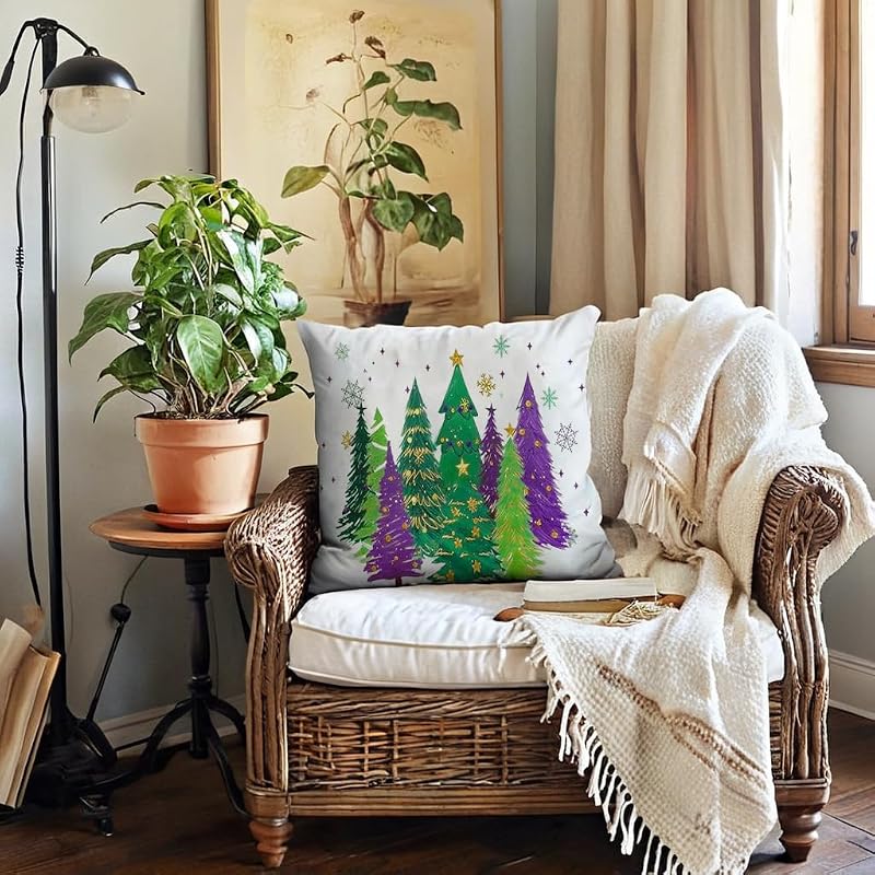 7COLORROOM Christmas Decor Pillow Cover 18x18 Green Merry Christmas Trees Snowflake Purpule