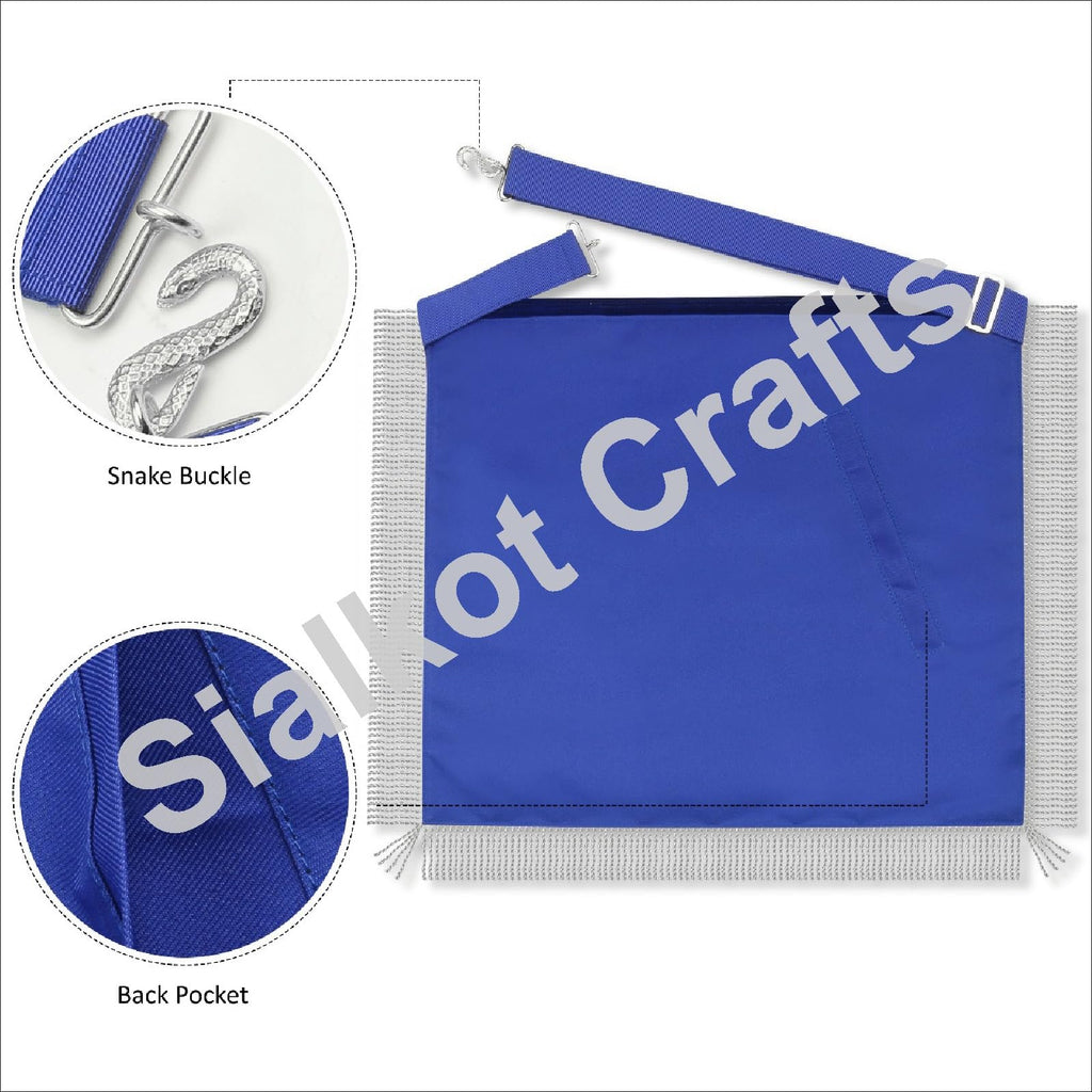 Masonic Master Mason Lambskin Apron - Navy Blue Velvet Borders with Gold Bullion Thread Fringe - Embroidered J & B Pillars and Square & Compass Logo