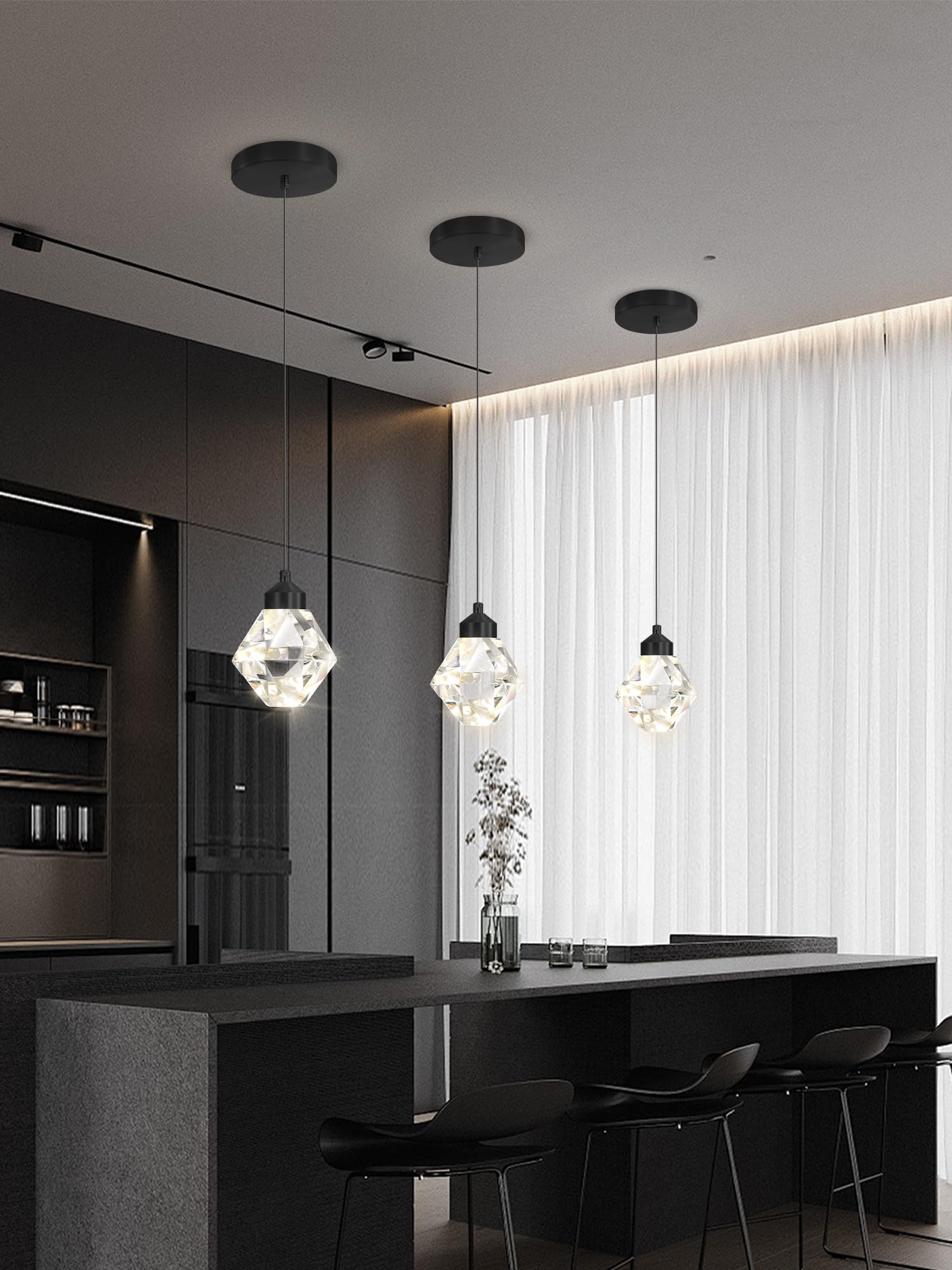 Crystal Pendant Light for Kitchen Island,Black Chandelier Lights Fixture, Hanging Lighting Ceiling Light Fixture Modern Adjustable Pendant Lighting for Dining Room Bedroom