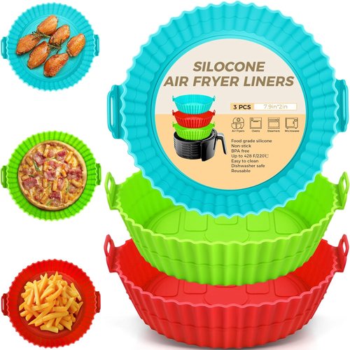 Buauty 3-Pack Air Fryer Silicone Liners - 8-Inch Reusable Food-Grade Silicone Baking Accessories