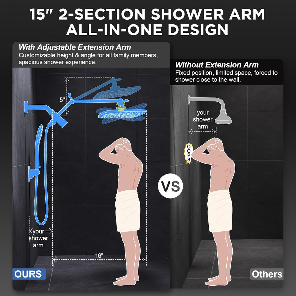 Veken Rain Shower Head - High Pressure Handheld Shower with Multi Spray Modes | 11.8" Matte Black