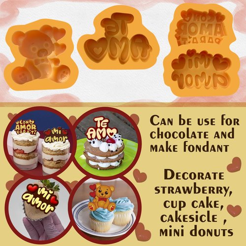 Valentines Day Heart Silicone Molds with Spanish Phrases – i love you fondant mold with Perfect Size for Chocolate-Covered Strawberries, Cupcakes topper, Candy Mold Love.