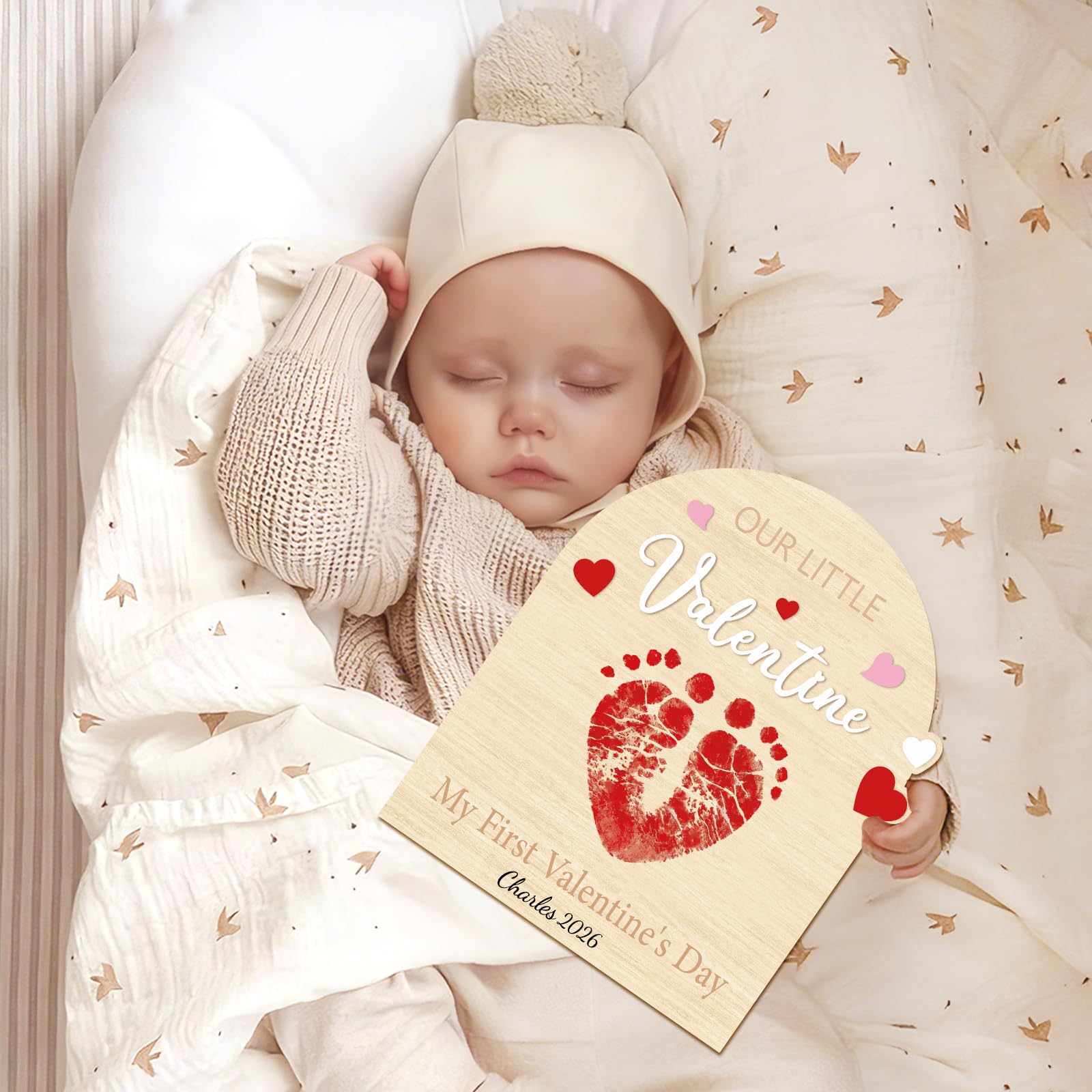 Sereliy Baby's First Valentine's Day DIY Footprint Art Card, Our Little Valentine Wood Sign Milestone Keepsake Ornaments for Baby Shower Newborn Photoshoot Prop (Word)