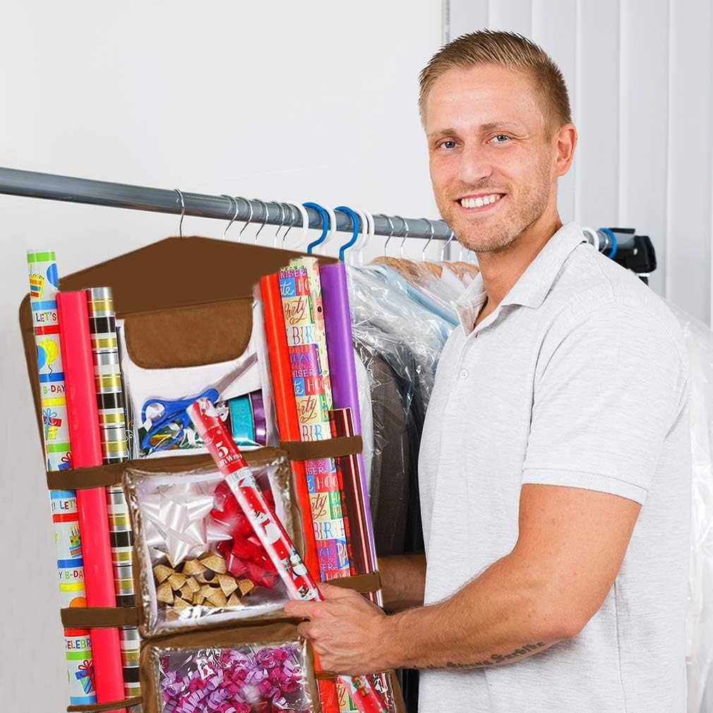 ProPik Hanging Double-Sided Wrapping Paper Organizer - Store Gift Wrap, Bags & Ribbons | 40" x 17" Clear PVC Bag (Brown)