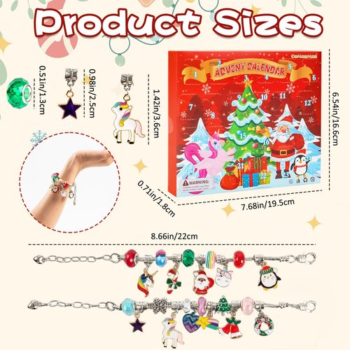 OuMuaMua Christmas Advent Calendar Charm Bracelets 2025 for Girls Kids, 24 Days Christmas Unicorn Countdown Calendar with 2pcs DIY Charm Bracelets Kit for Girls Kids Teens Adult Women