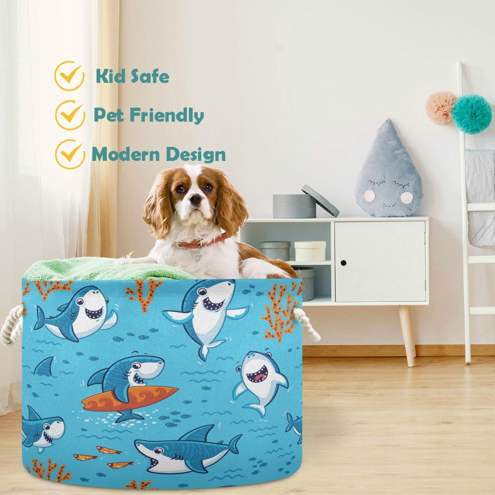 visesunny Storage Basket Shark Coral Cartoon Nursery Hamper Canvas Fabric Toy Storage Organizer Bin Storage Box Laundry Basket for Kid Rooms,Playroom,Shelves,Toy Basket