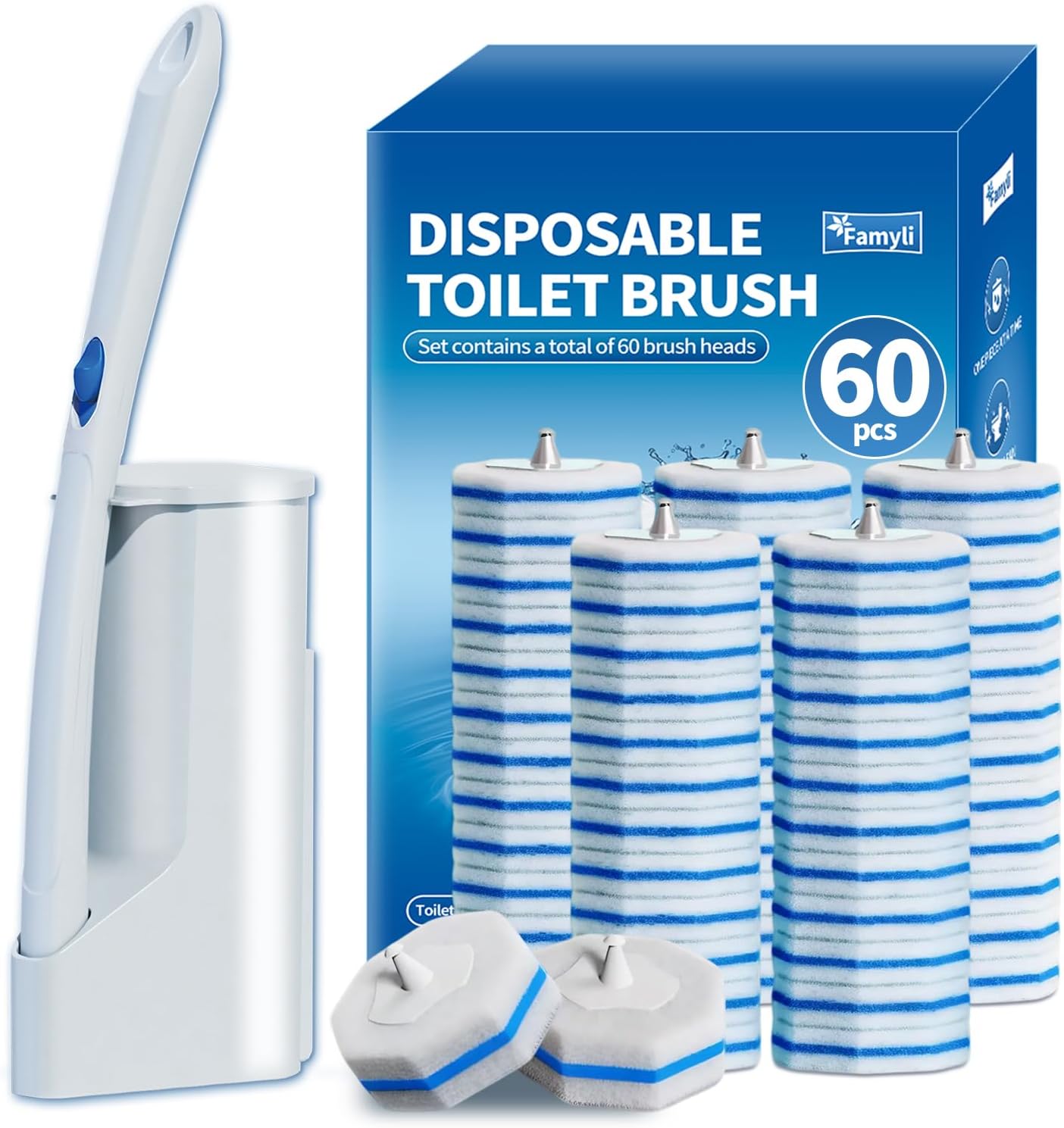 Skiennix Disposable Toilet Brush Set - 60 Replacement Heads & Storage Case for Deep Cleaning