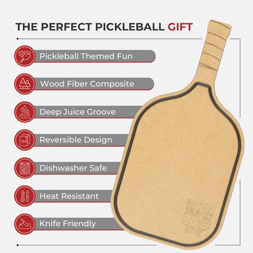 Elihome Pickleball Charcuterie & Cutting Board, Pickleball Gifts for Women Men, Wood Fiber 16 x 8.5, Paddle Shape with Handle, Dishwasher Safe, Reversible Design, Juice Groove "Just One More Game"