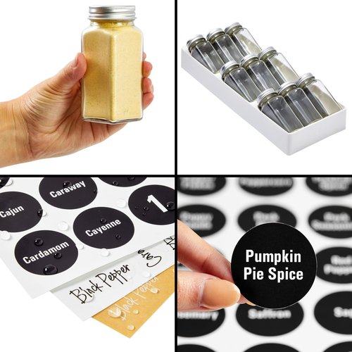 Talented Kitchen Spice Drawer Organizer with Jars and Labels with 18 Empty 4-oz Spice Bottles, 416 Seasoning Labels, 2 Pcs 3-Tier Trays for Drawer (5.9 x 15 In)