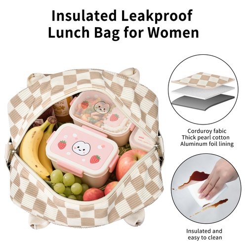 OYLOLA Lunch Bag Women Lunch Box for Women Adult Cute Insulated Lunch Bag Lager Cooler Lunch Tote Bags for Work Picnic (Beige-Brown Plaid)
