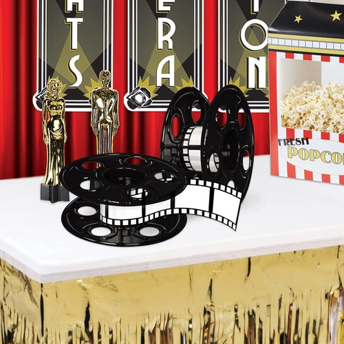 Beistle Movie Reel with Filmstrip Centerpieces, 2-Count Thin Plastic 3D Cinema Reels with 15-Foot Filmstrips, Customizable Hollywood Party Decorations for Red Carpet Events & Theater Themes, 9"