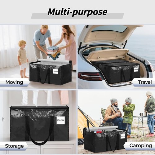 Heavy Duty Moving Bags by 8 Pack - Extra Large Storage Bins with Lids & Reinforced Handles - Black