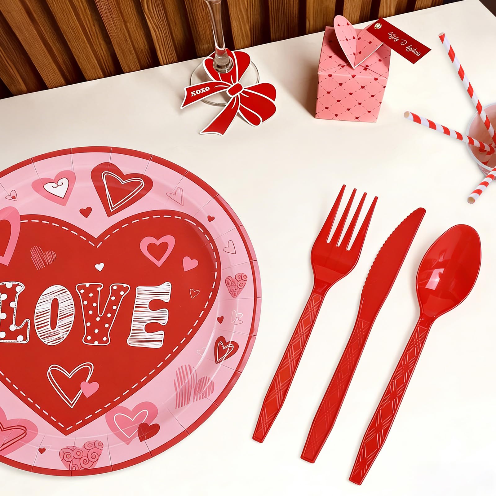 Valentine's Day Party Decorations Plates Red Heart themed Disposable Plate with Cups Banner Tablecloth,Serves 24