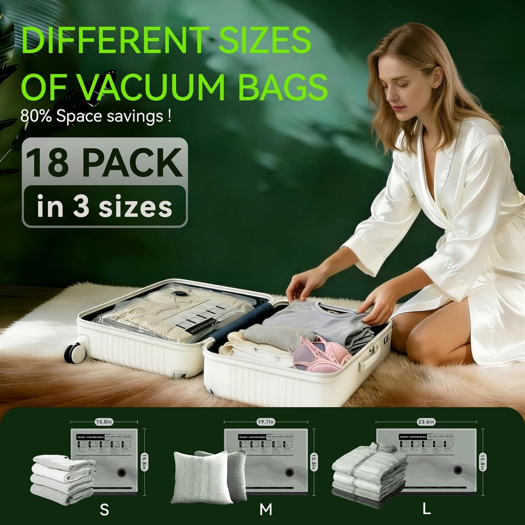 Skiennix Vacuum Bags for Travel - 18 Pack USB Electric Pump Seal Bags | Space Saver for Luggage