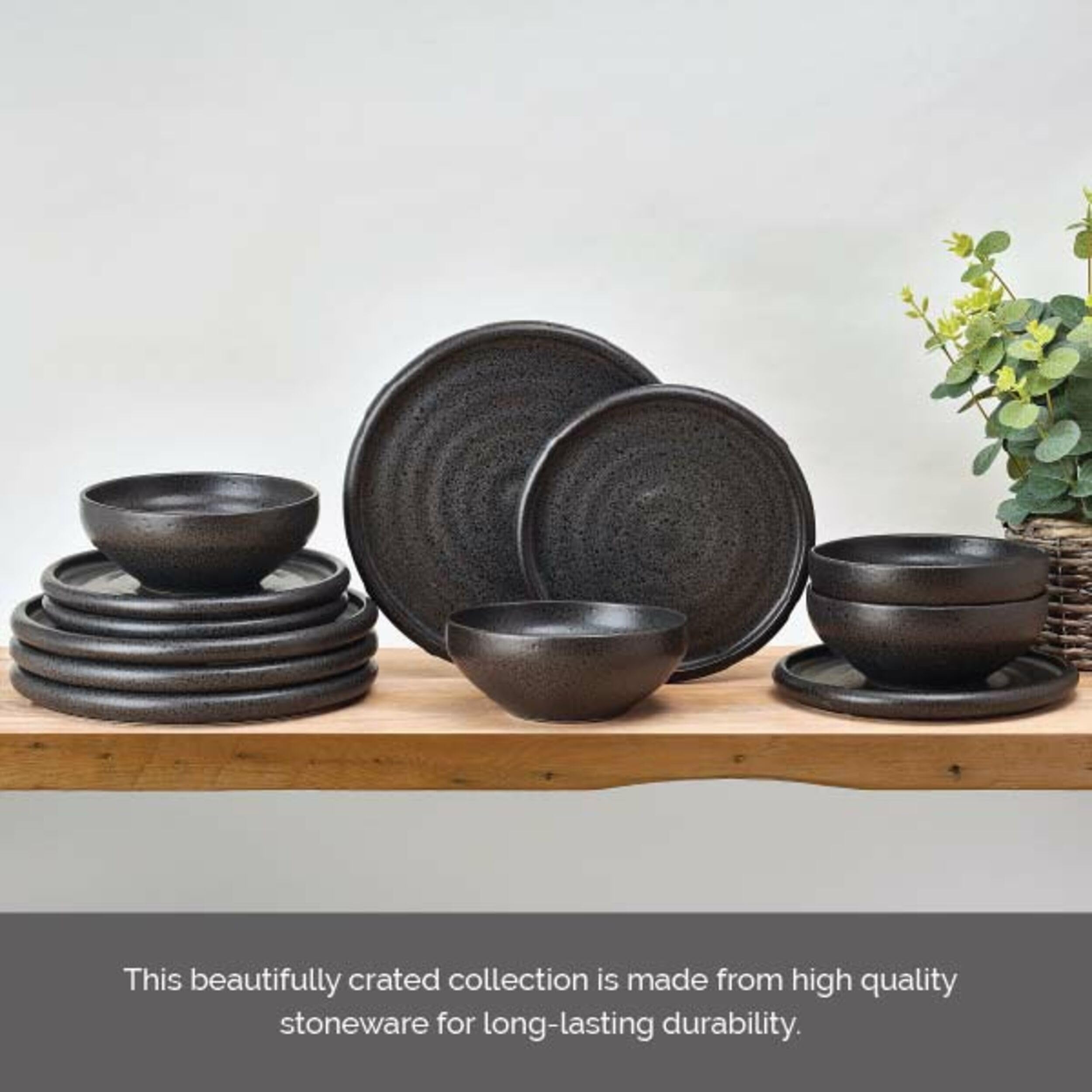 Mikasa Declan 12 Piece Stoneware Dinnerware Set, Service for 4, Modern Black Plate and Bowl Dishes with High Rims, Black