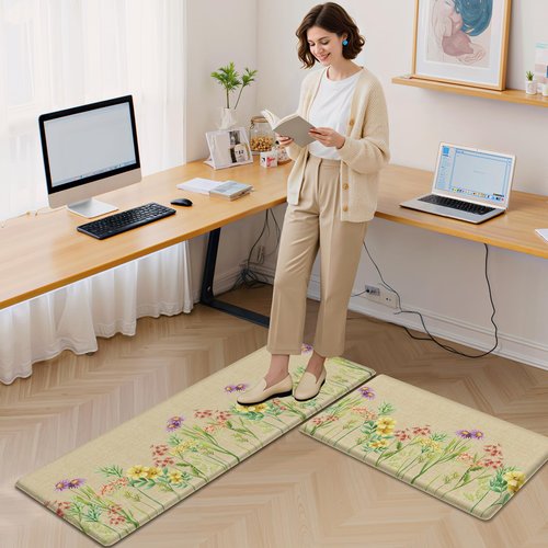 DailyCuddles Kitchen Mats for Floor, 2-Piece Anti-Fatigue Waterproof Kitchen Rugs for Apartment Decor, Easy-Clean Standing Mat with Non-Slip Back for Home, Office, Laundry (17.3"×47" +17.3"×30")
