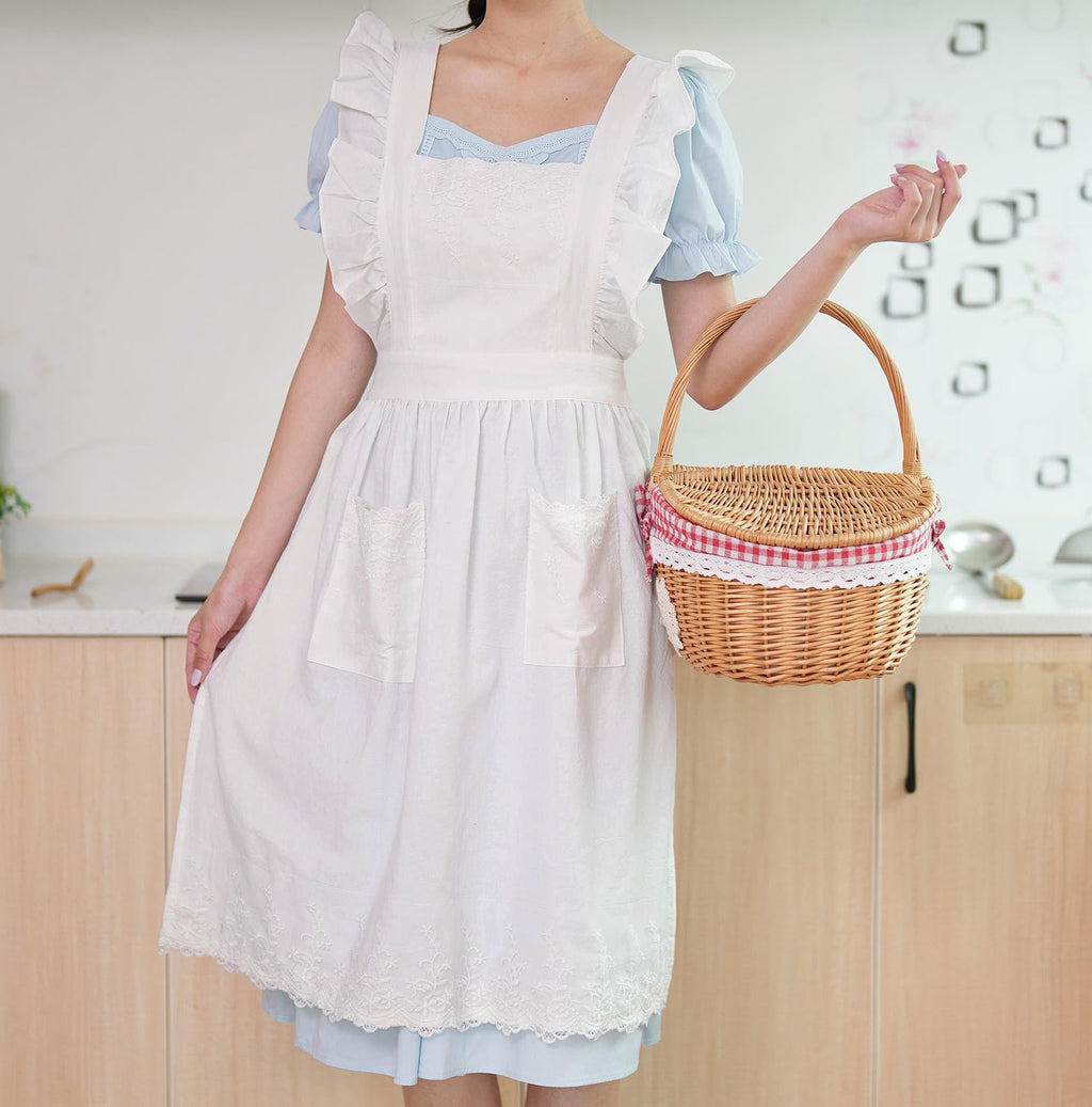 Aoomzoom Vintage Aprons for Woman with Pockets Cute Lace Ruffle Adjustable Apron for Cooking Kitchen Baking Gardening (White)