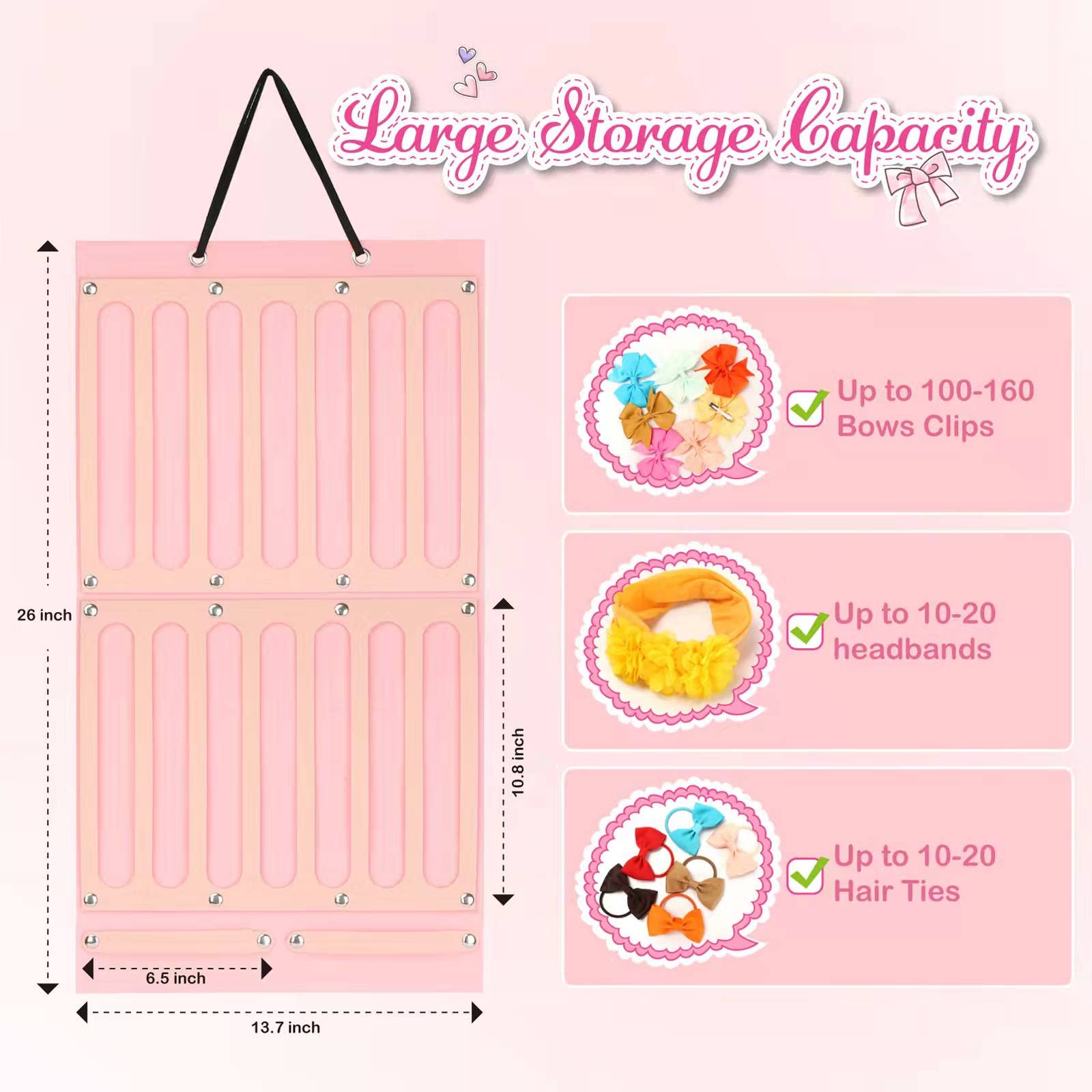 Vimiv Hair Bows Holder & Organizer w/Large Capacity, 16 Ribbons,Bows Organizer, Baby Hair Accessory Storage Display with Sturdy Rope, Wall Hanging for Girl Room & Nursery Decor