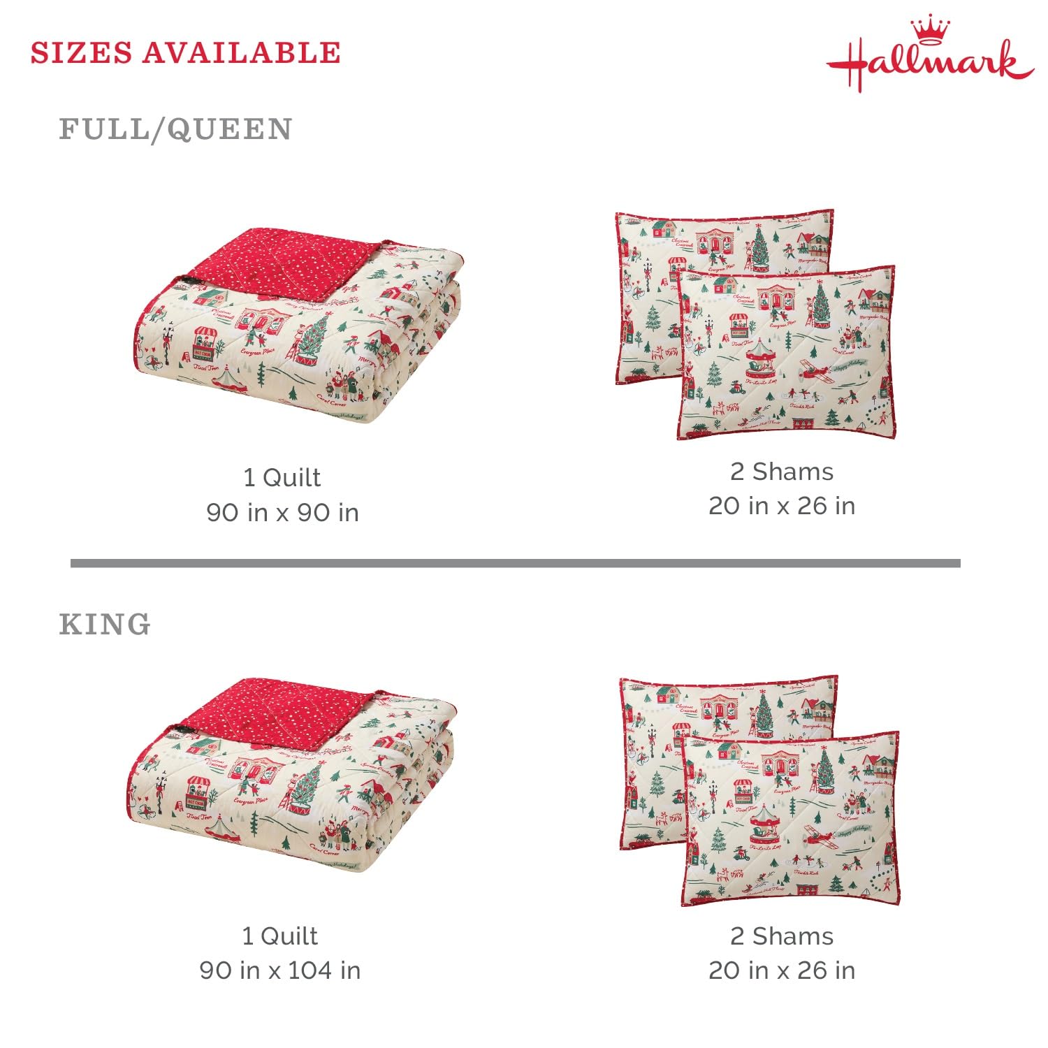 Hallmark King Size 3-Piece Holiday Quilt Set with Shams | Reversible Quilt with 2 Christmas Patterns | Lightweight & Cozy | Super Soft Microfiber Fabric | Wrinkle-Resistant | Multi Christmas Village
