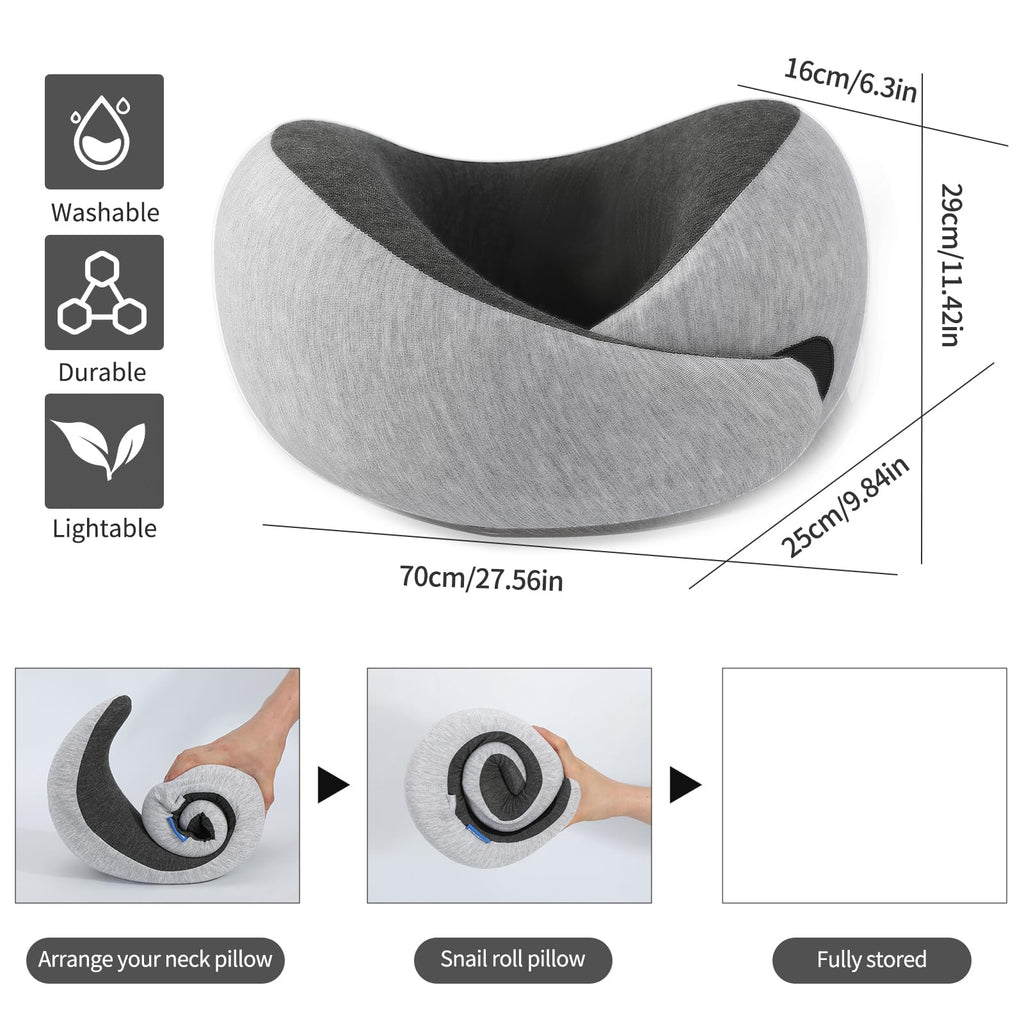 Ziixmile Travel Neck Pillow for Airplane – Memory Foam 360° Support Compact Design Ergonomic Flight Pillow for Sleeping & Neck Support Portable Travel Pillows for Adults, Car, Office Home (Grey)