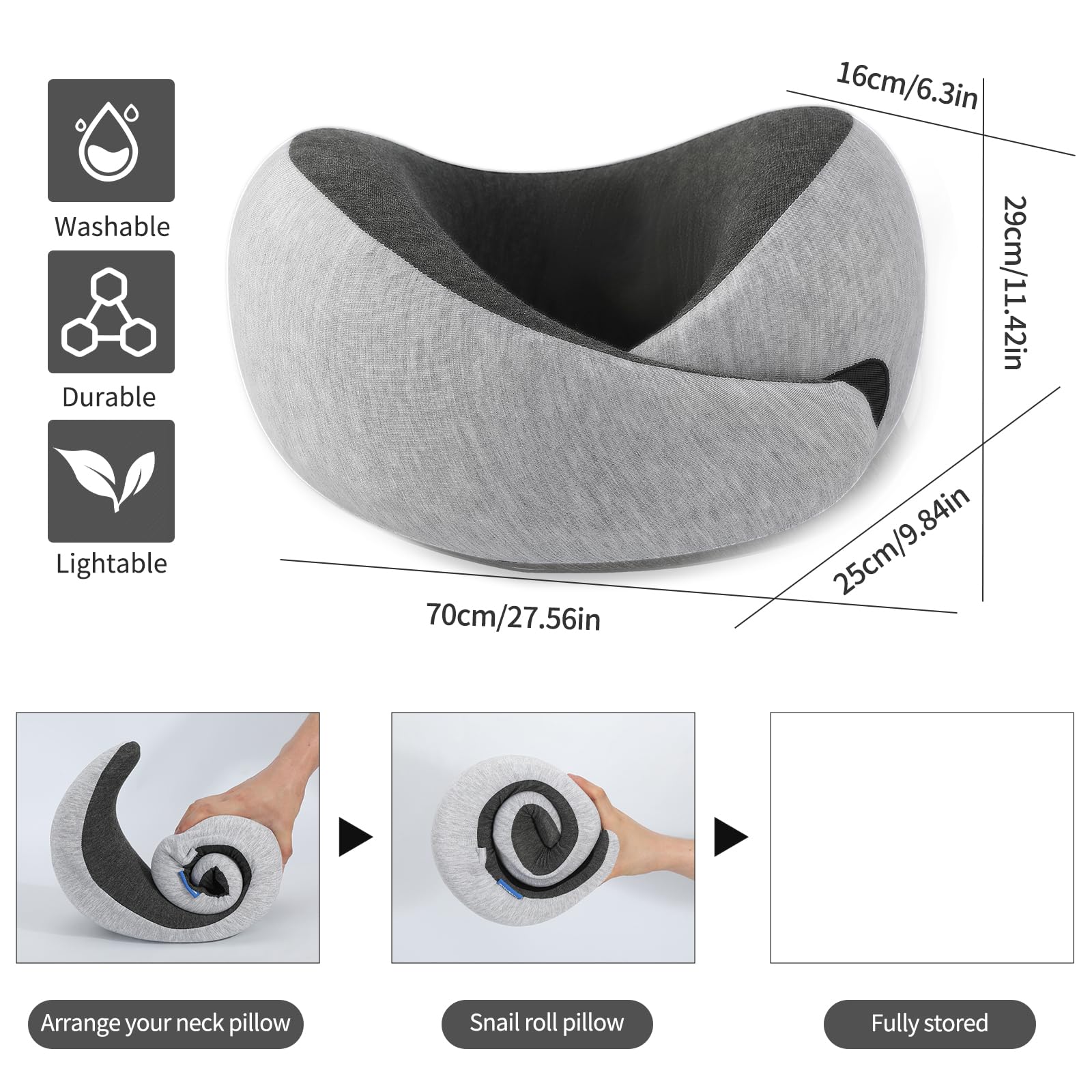 Ziixmile Travel Neck Pillow for Airplane – Memory Foam 360° Support Compact Design Ergonomic Flight Pillow for Sleeping & Neck Support Portable Travel Pillows for Adults, Car, Office Home (Grey)