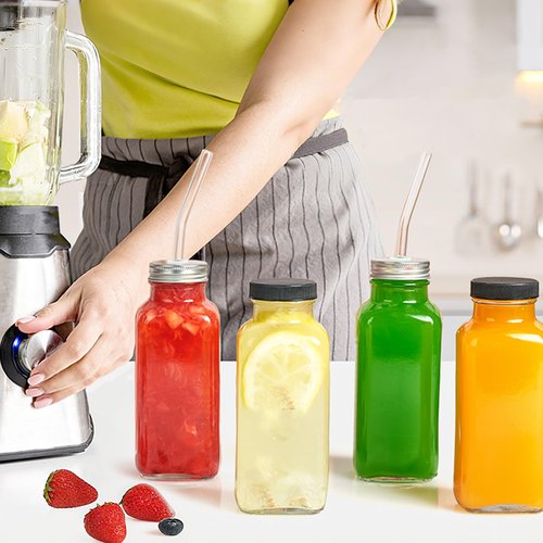 TUZAZO 10 Pack 12 Oz Glass Juice Bottles with Lids, Reusable Travel Drinking Jars Juice Containers, Glass Bottles for Juicing with Brush, Straws, Lids with Hole