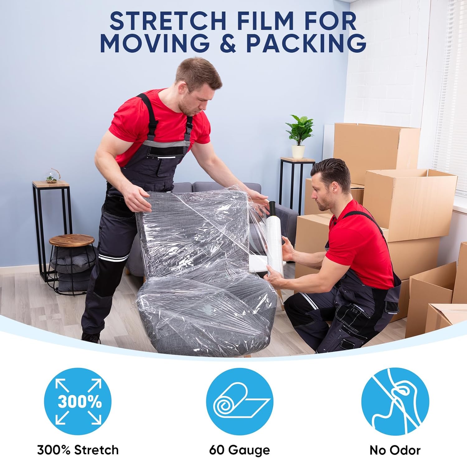 TICONN Stretch Wrap - 1000ft Industrial Strength Clear Plastic Film Roll with Handles | 15 Inch Wide for Pallet Wrapping