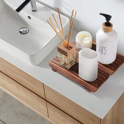 SAMEBUTECO Bathroom Tray,Rustic Wood Soap Tray 2 Packs,Riser Farmhouse Soap Dish Holder,Footed Wood Pedestal Stand for Vanity,Dispenser,Countertop,Size 8.7x4x1.7''