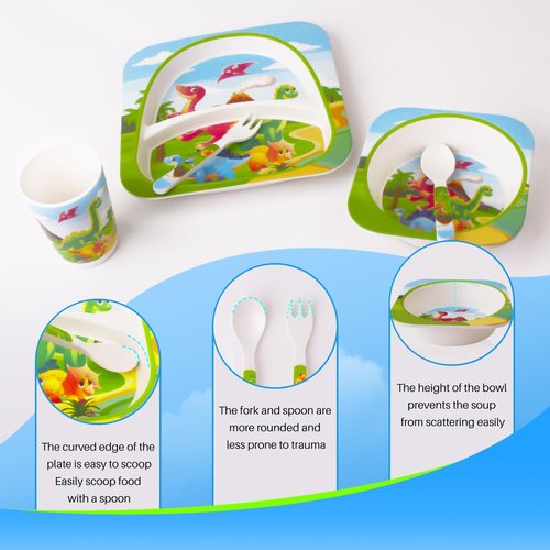 Qshare Bamboo Toddler Dinnerware Set,5Pcs Baby Plates and Bowls,Bamboo Kids Plates and Bowls Set,Kids Dishes Dinnerware Sets with Plate,Bowl,Cup,Fork and Spoon (Tyrannosaurus)