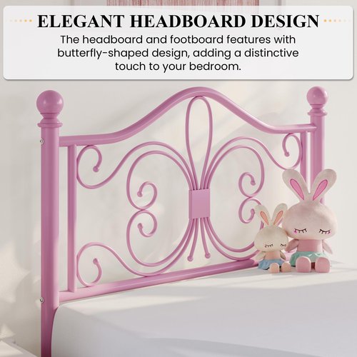 SHA CERLIN Twin Size Bed Frame for Kids,Metal Bed Frame with Butterfly Pattern Design Headboard and Footboard,No Box Spring Needed,Easy Assembly,Pink