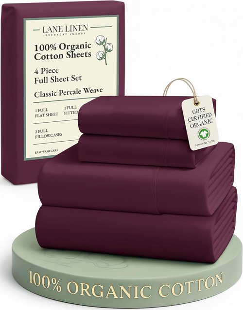 LANE LINEN 100% Organic Cotton Bed Sheets - Eco-Friendly Full Size, Soft Percale Weave in Windsor Wine