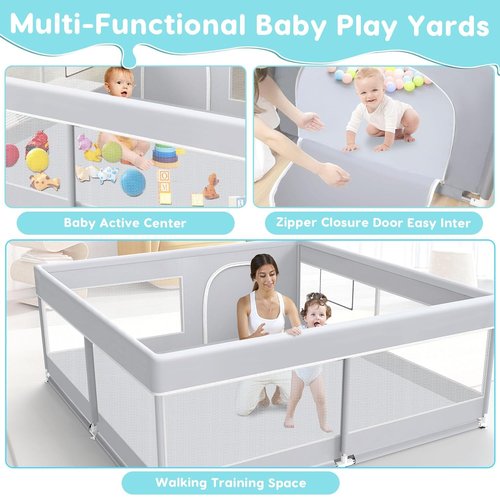 Fshibila Baby Playpen - 50x50 Inch Sturdy Safety Playard for Indoor & Outdoor Use | Soft Mesh, Grey